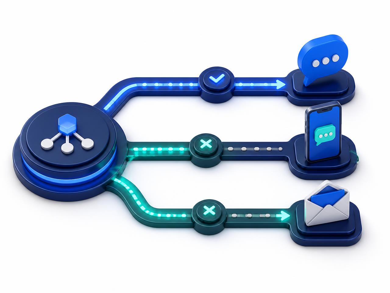 Routing hub cascading an OTP across SMS and email delivery lanes with fallback