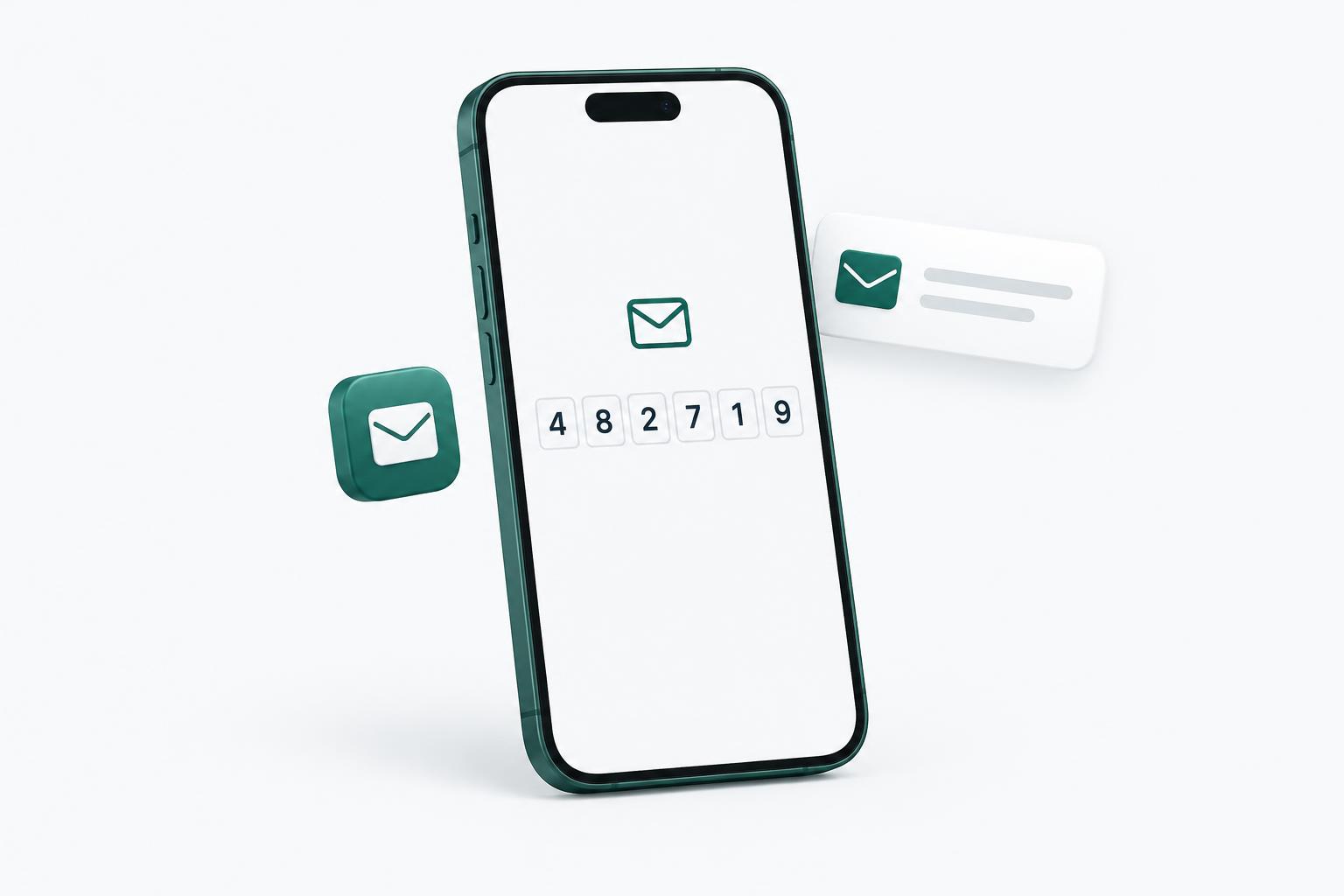 Emerald smartphone displaying a six-digit verification code beside email message icons